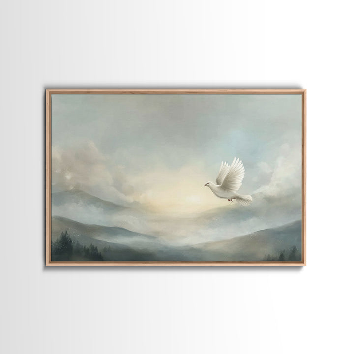 Heavenly Dove Light, Framed Canvas Print, Christian Wall Art, Christian Art Canvas, Christmas Art Prints, Christian Gift, Subtle Christian