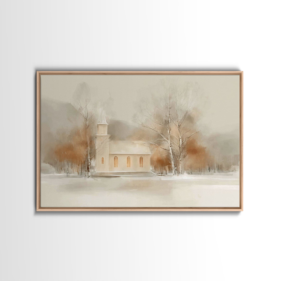 Winter Chapel Light, Framed Canvas Print, Christmas Art Prints, Christian Wall Art, Christian Christmas Decor, Modern Christmas Art, Framed