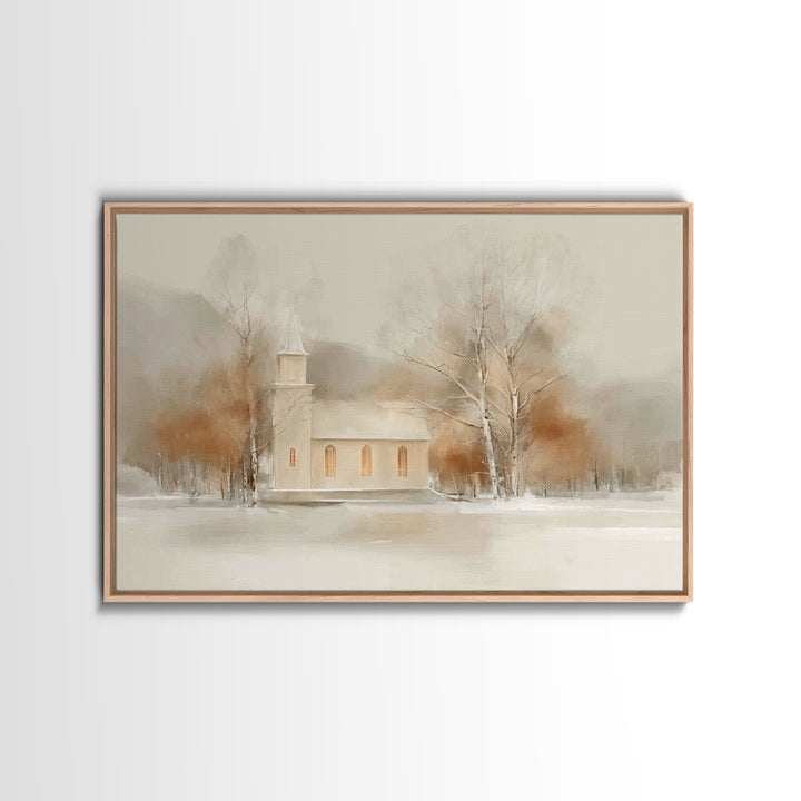 Winter Chapel Light, Framed Canvas Print, Christmas Art Prints, Christian Wall Art, Christian Christmas Decor, Modern Christmas Art, Framed
