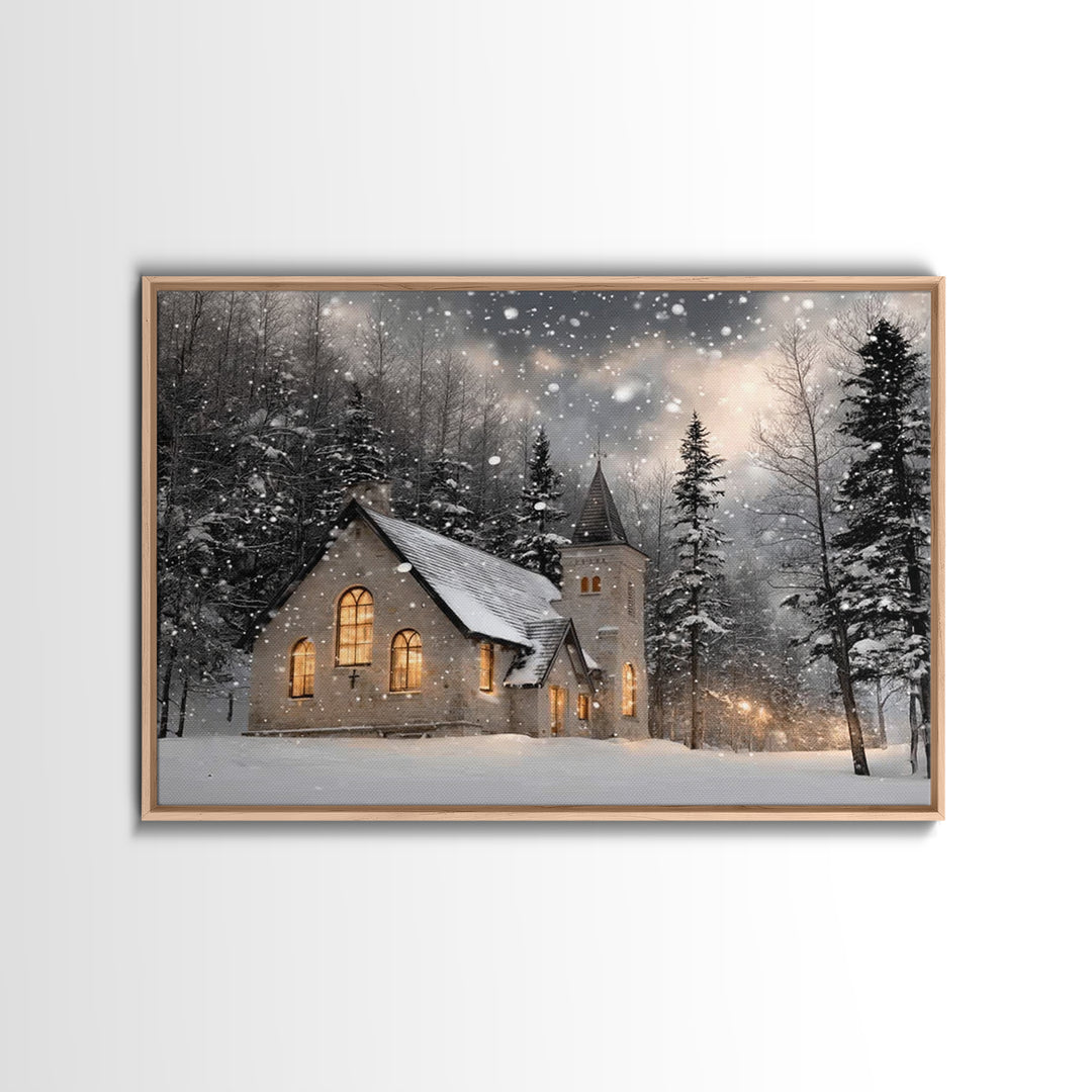 Frosted Sanctuary – Framed Canvas Print – Christian Wall Art – Christmas Canvas Wall Art – Christian Christmas Art – Moody Christmas Art –