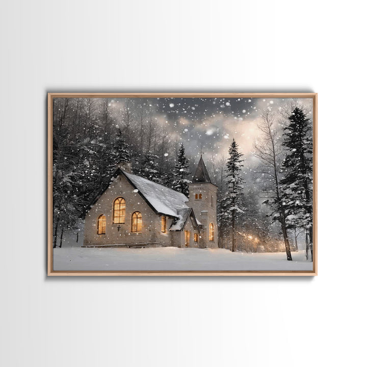 Frosted Sanctuary – Framed Canvas Print – Christian Wall Art – Christmas Canvas Wall Art – Christian Christmas Art – Moody Christmas Art –