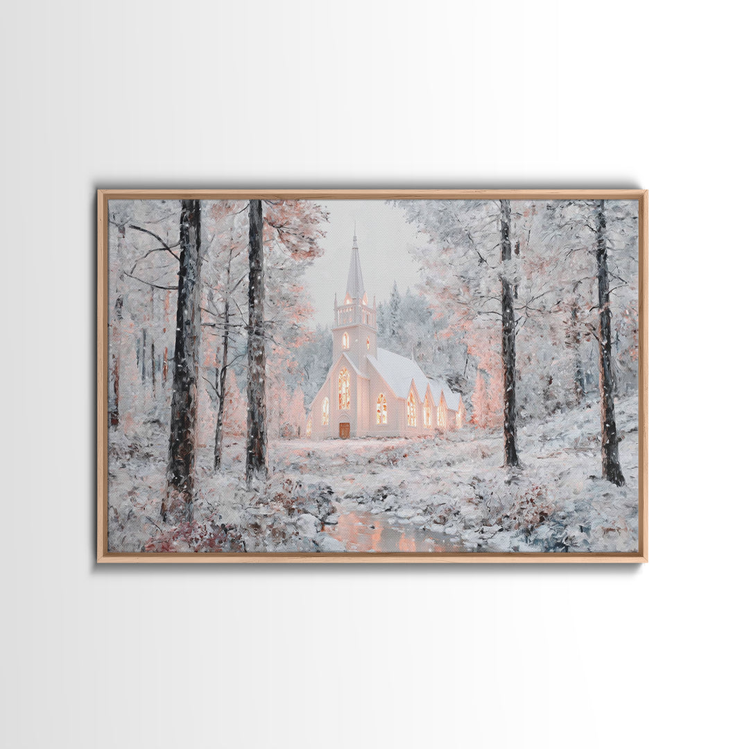 Winter Chapel Glow – Framed Canvas Print – Christian Wall Art – Christmas Art Prints – Christian Christmas Decor – Modern Christmas Art – C