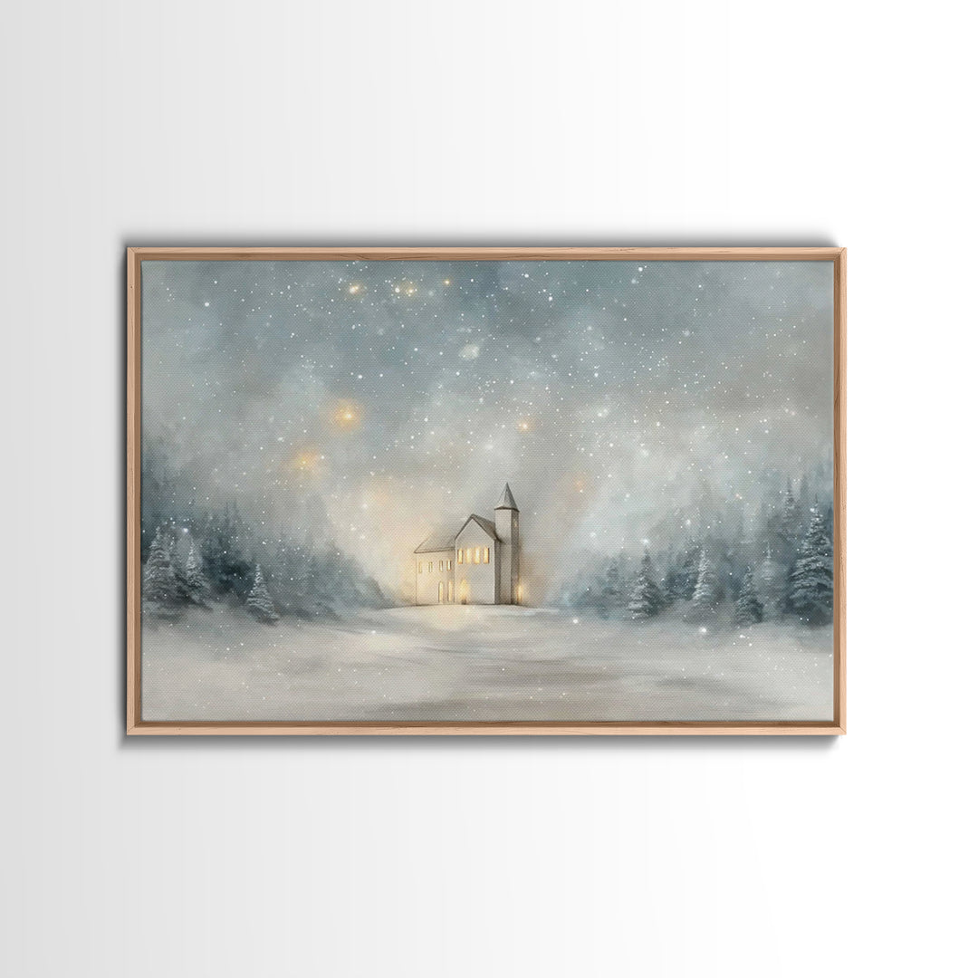 Starry Night Sanctuary, Framed Canvas Print, Christian Wall Art, Christmas Canvas Wall Art, Moody Christmas Art, Christian Christmas Decora