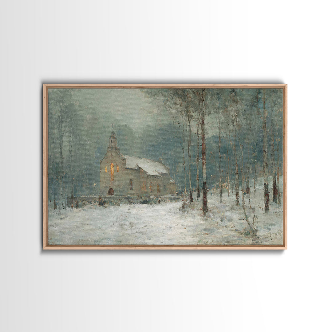Frosted Church Peace – Framed Canvas Print – Christian Wall Art – Vintage Christian Art – Christmas Art Framed – Christian Christmas Art –