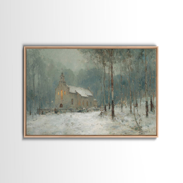 Frosted Church Peace – Framed Canvas Print – Christian Wall Art – Vintage Christian Art – Christmas Art Framed – Christian Christmas Art –