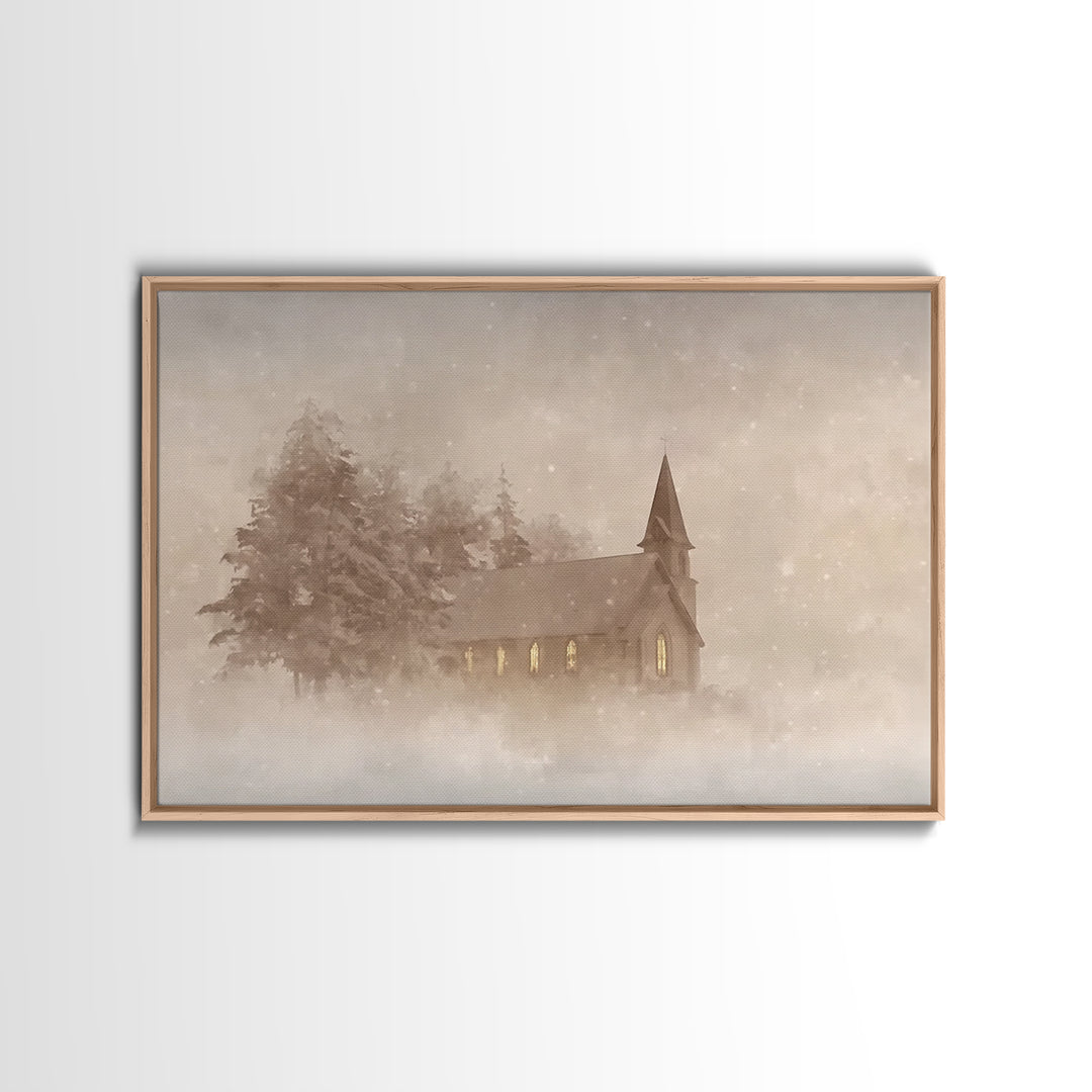 Misty Chapel Grace | Framed Canvas Print | Christian Wall Art | Christian Art Painting | Christmas Art Prints | Christian Decoration | Mode