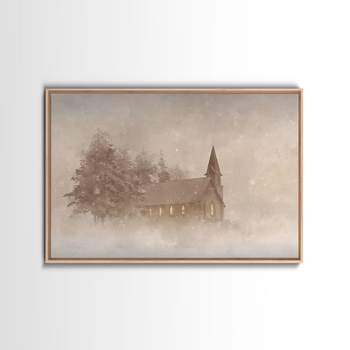 Misty Chapel Grace | Framed Canvas Print | Christian Wall Art | Christian Art Painting | Christmas Art Prints | Christian Decoration | Mode