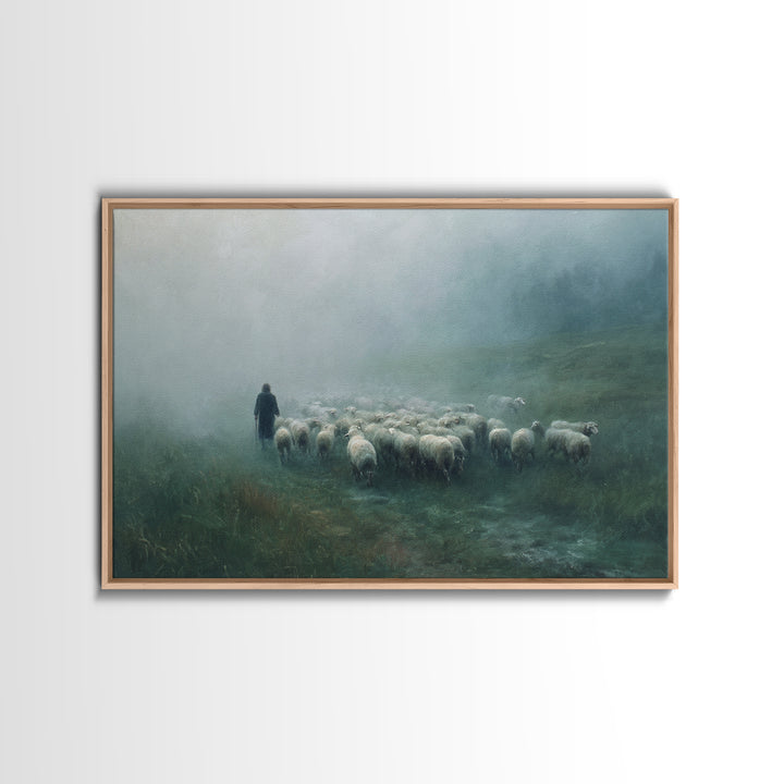 Misty Pasture Dawn, Framed Canvas Print, Christian Wall Art, Moody Christian Art, Christian Christmas Art, Christian Art Canvas, Subtle Chr