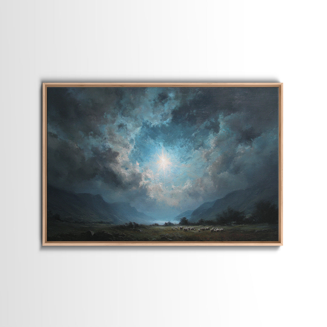 Heaven’s Valley Light | Framed Canvas Print | Christian Wall Art | Christian Art Canvas | Christmas Wall Art | Blue Christian Art | Christi
