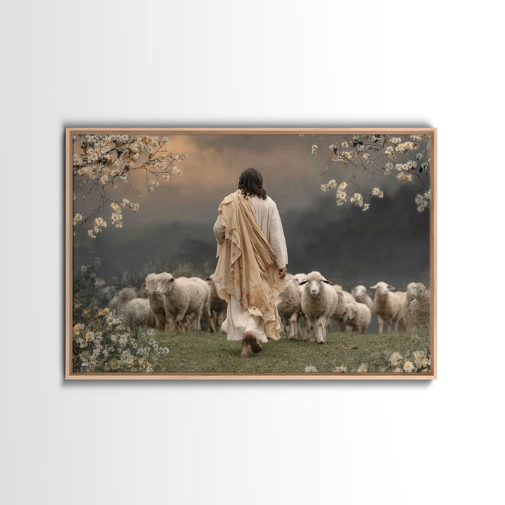 Graceful Pasture Walk | Framed Canvas Print | Jesus Painting | Christian Art Canvas | Christian Wall Art | Christian Gift | Modern Christia