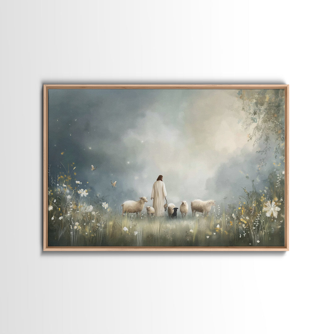 Garden Of The Shepherd, Framed Canvas Print, Christian Art Canvas, Jesus Painting, Christian Wall Art, Christian Art Prints, Christian Gift