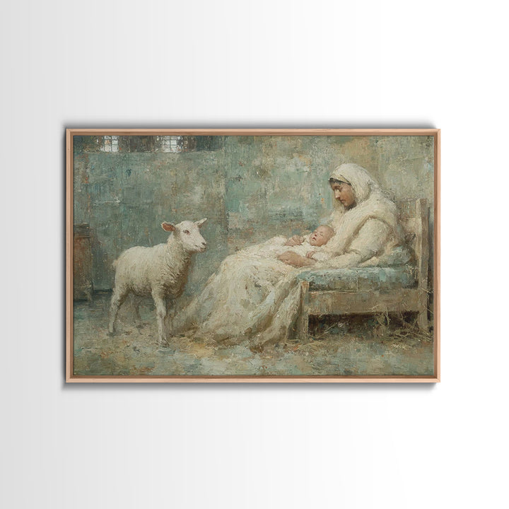 Nativity Stillness, Framed Canvas Print, Christian Wall Art, Christmas Canvas Wall Art, Jesus Painting, Moody Christmas Art, Christian Art