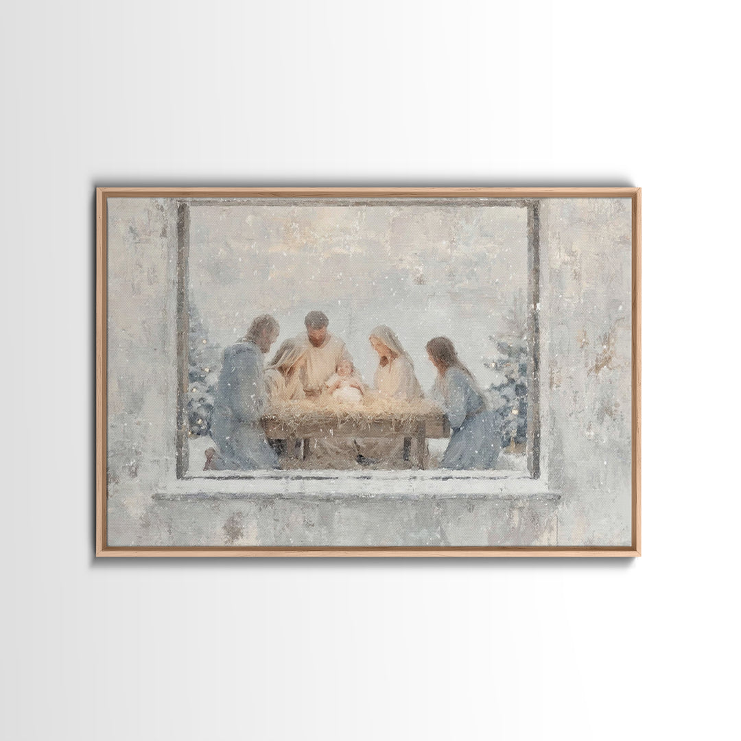 Holy Night Gathering Light – Framed Canvas Print – Christian Wall Art – Christian Art Canvas – Jesus Painting – Christian Christmas Art