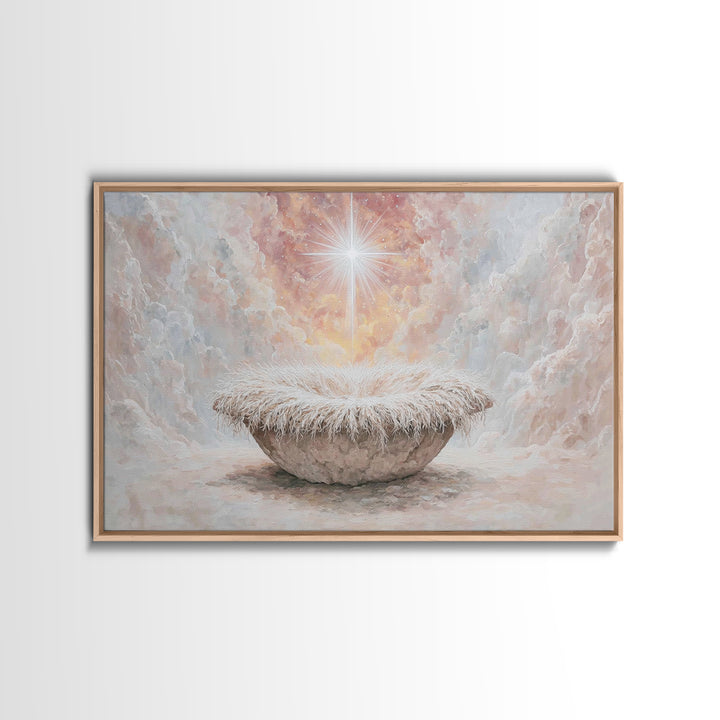 Heavenly Cradle Glow – Framed Canvas Print – Christian Art Canvas – Framed Christian Art – Christmas Wall Art – Vintage Christmas Art