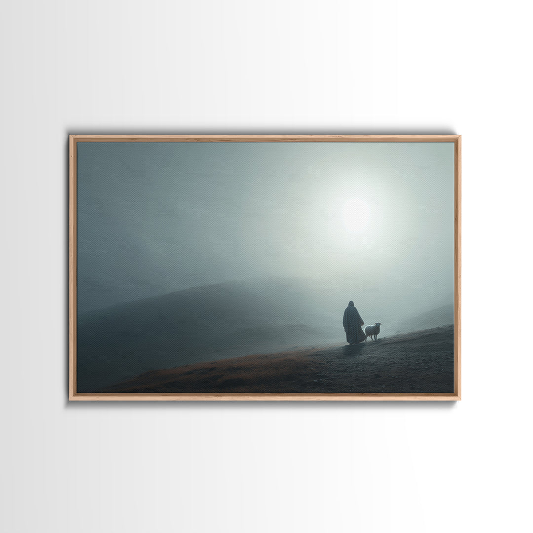 Misty Valley Shepherd – Framed Canvas Print – Christian Art Painting – Christian Decor – Blue Christian Art – Large Jesus Wall Art