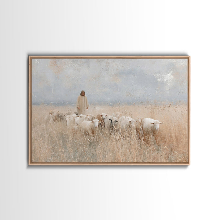 Golden Field Shepherd, Framed Canvas Print, Christian Art Canvas, Jesus Painting, Christian Wall Art, Christian Art Gift, Large Christian A