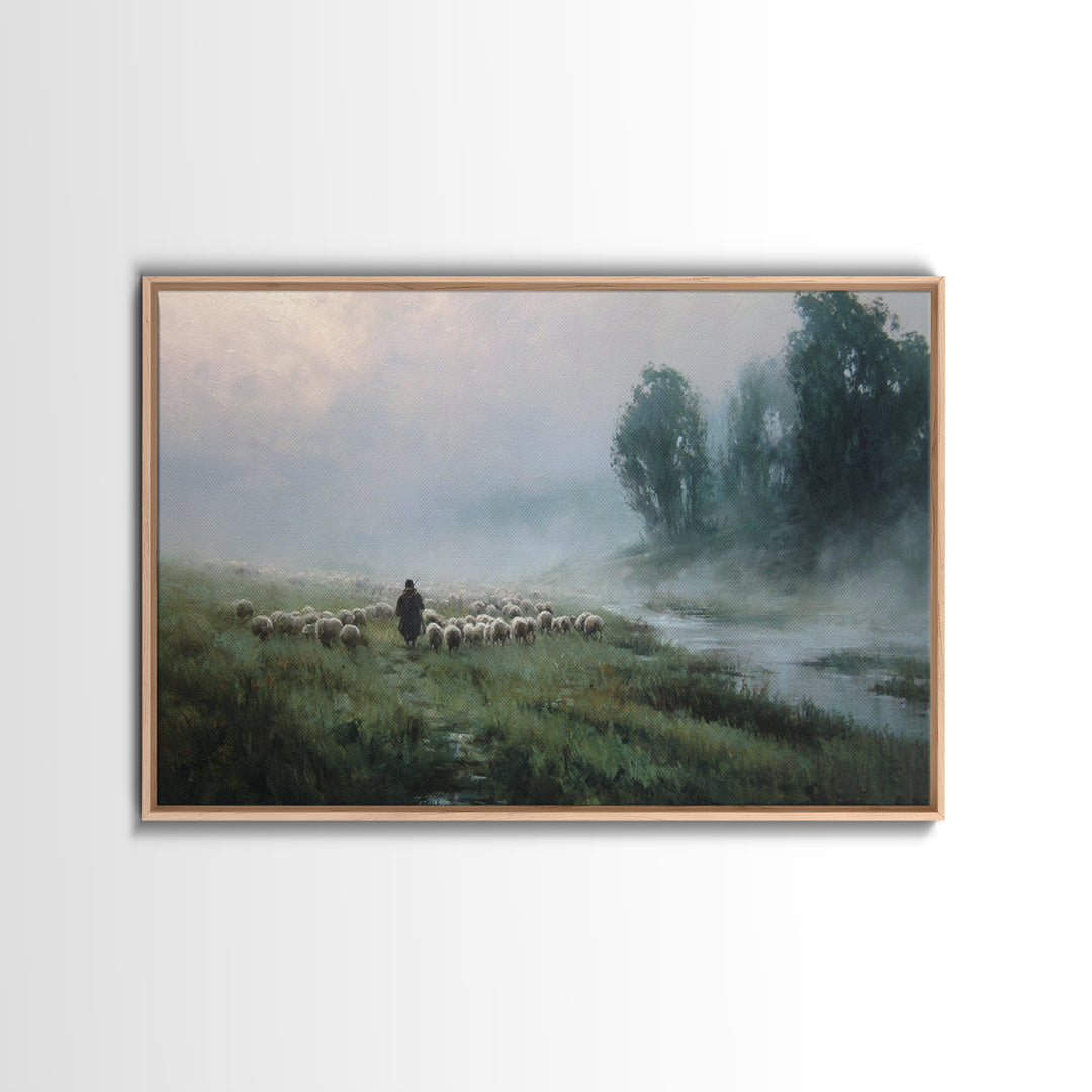 Misty River Flock | Framed Canvas Print | Christian Wall Art | Christian Painting | Christian Art Canvas | Subtle Christian Art | Christian