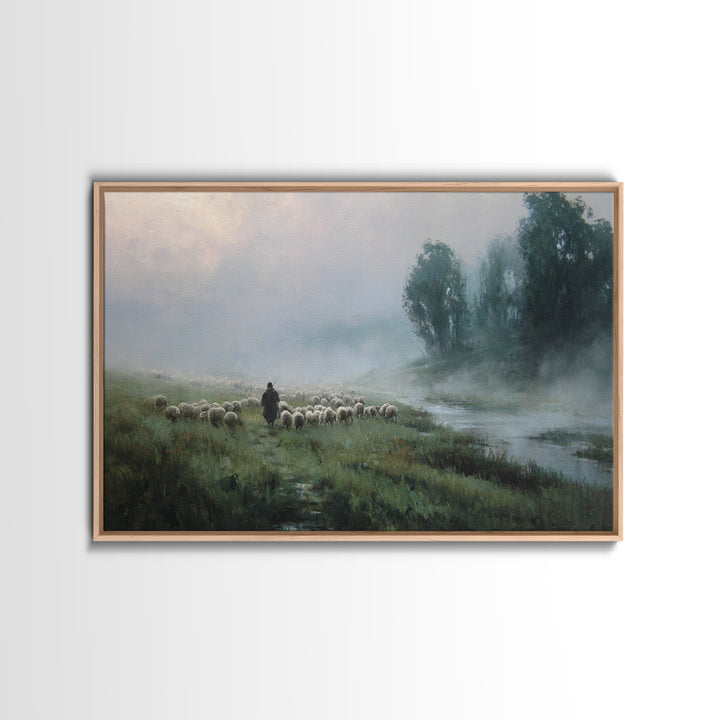 Misty River Flock | Framed Canvas Print | Christian Wall Art | Christian Painting | Christian Art Canvas | Subtle Christian Art | Christian