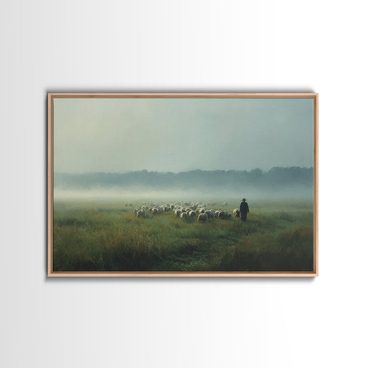 Morning Meadow Flock, Framed Canvas Print, Christian Art Work, Christian Wall Art, Jesus Painting, Large Christian Painting, Christian Art