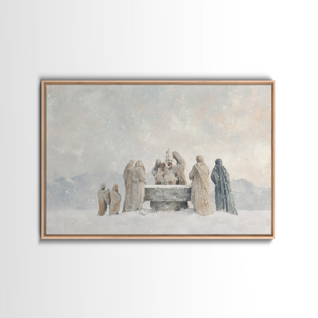 Snowfall Reverence – Framed Canvas Print – Christian Wall Art – Christian Art Canvas – Christmas Art – Jesus Christmas Art – Christian Gift