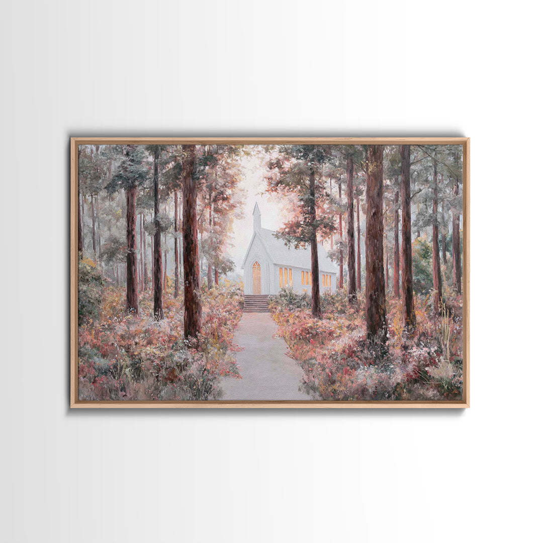 The Woodland Chapel – Framed Canvas Print – Christian Wall Art – Christian Art Canvas – Christian Painting – Christmas Art – Christian Deco