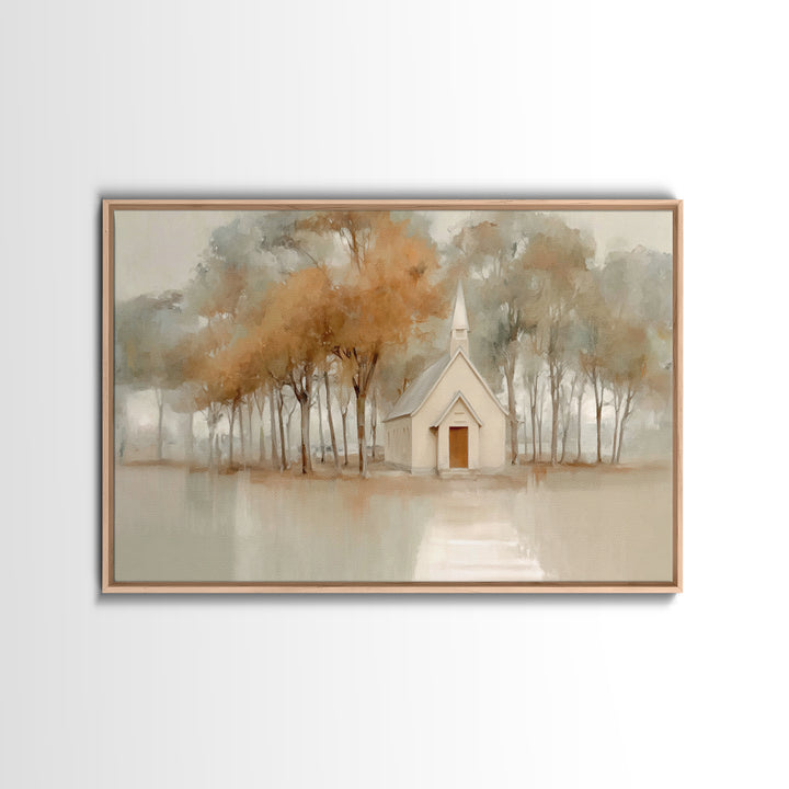 Evening Chapel Glow, Framed Canvas Print, Christian Wall Art, Christian Art Canvas, Moody Christmas Art, Christian Christmas Decor, Christi