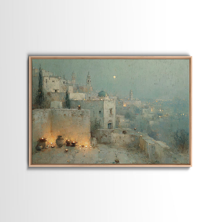 Moonlit Bethlehem, Framed Canvas Print, Christian Wall Art, Christian Art Painting, Christmas Art Work, Christian Christmas Decor, Christia