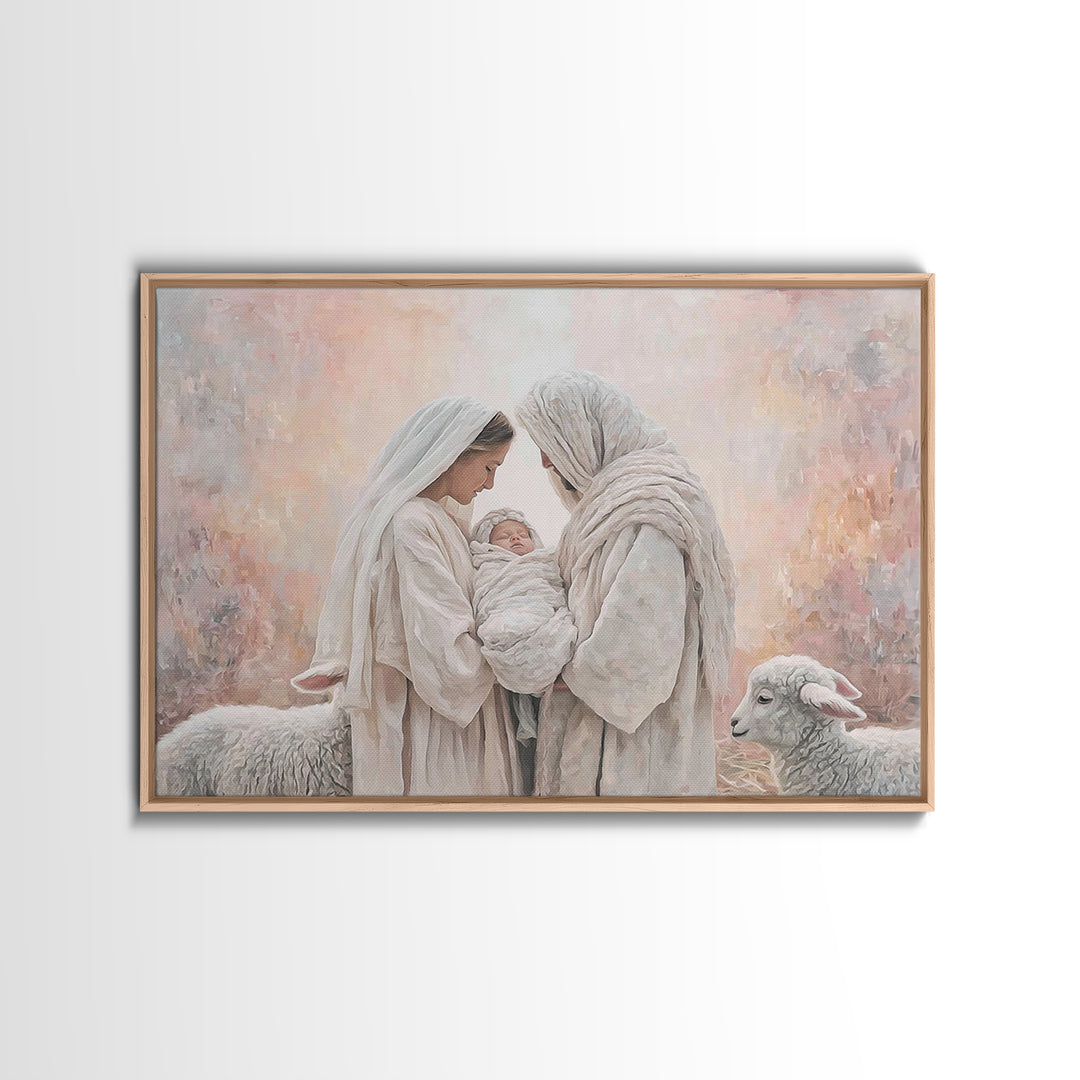 Wooden Nativity Glow, Framed Canvas Print, Christian Art Canvas, Christian Wall Art, Jesus Painting, Christian Christmas Art, Christmas Art