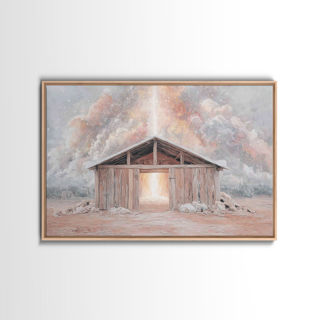 Heaven’s Stable Fire, Framed Canvas Print, Christian Art Canvas, Christian Wall Art, Christian Christmas Art, Christmas Art Prints, Jesus P