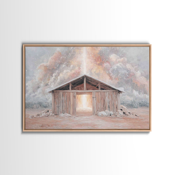 Heaven’s Stable Fire, Framed Canvas Print, Christian Art Canvas, Christian Wall Art, Christian Christmas Art, Christmas Art Prints, Jesus P