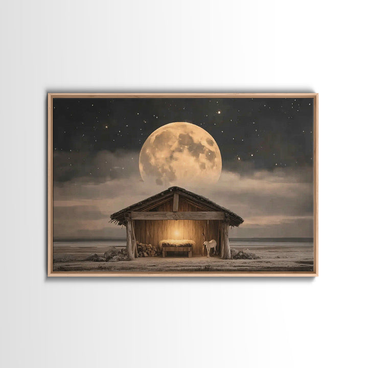Starlit Holy Shelter, Framed Canvas Print, Christian Christmas Art, Jesus Painting, Christian Wall Art, Christmas Art Prints, Christian Art