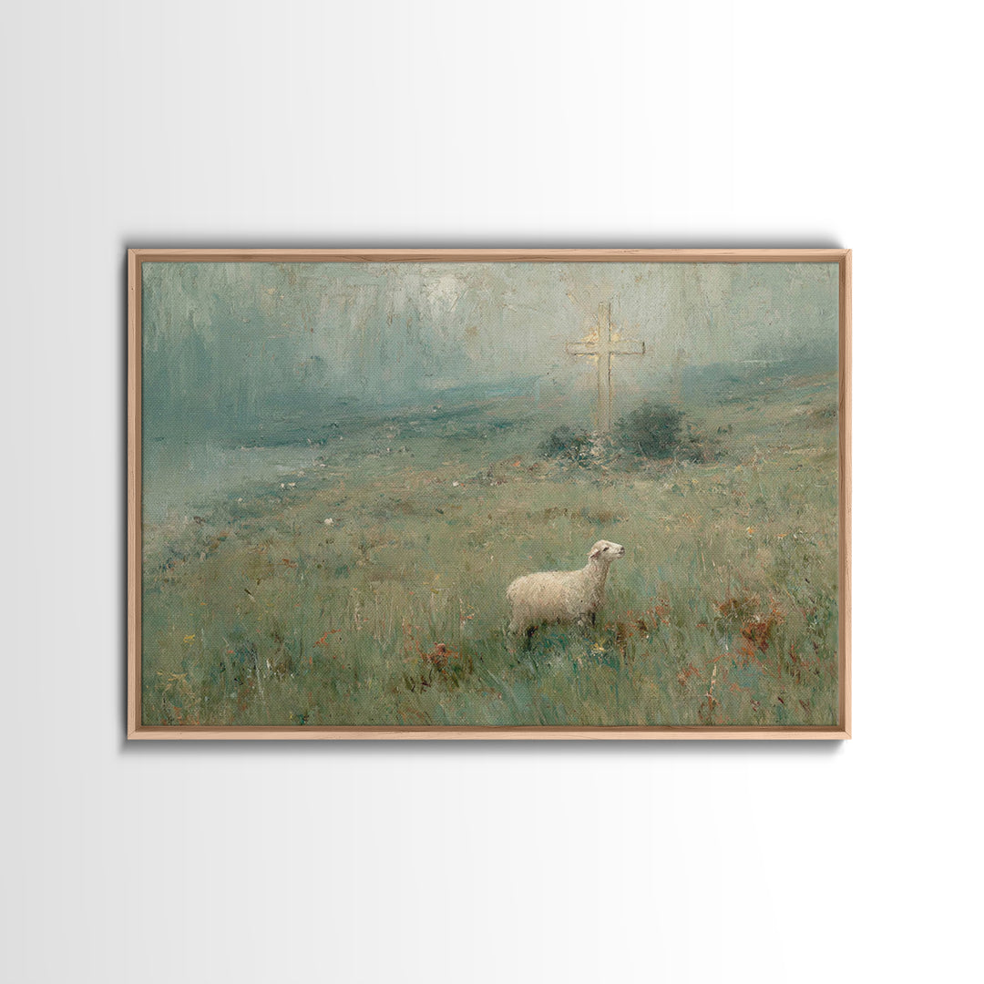 Hillside Lamb Hope – Framed Canvas Print – Christian Christmas Art – Christian Wall Art – Jesus Painting – Christian Art Canvas – Vintage C