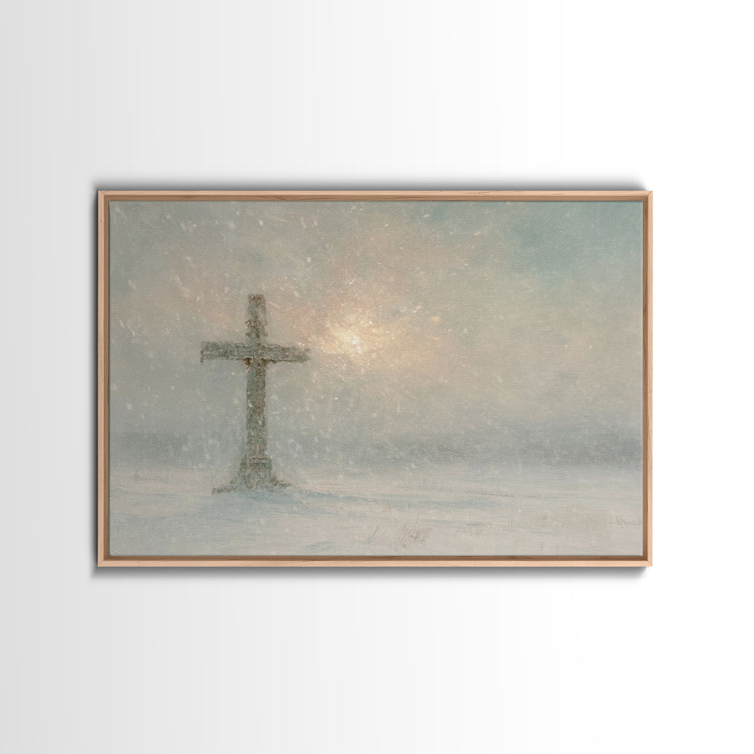 Silent Cross Snow – Framed Canvas Print – Christian Christmas Art – Christian Art Canvas – Christian Wall Art – Subtle Christian Art – Chri