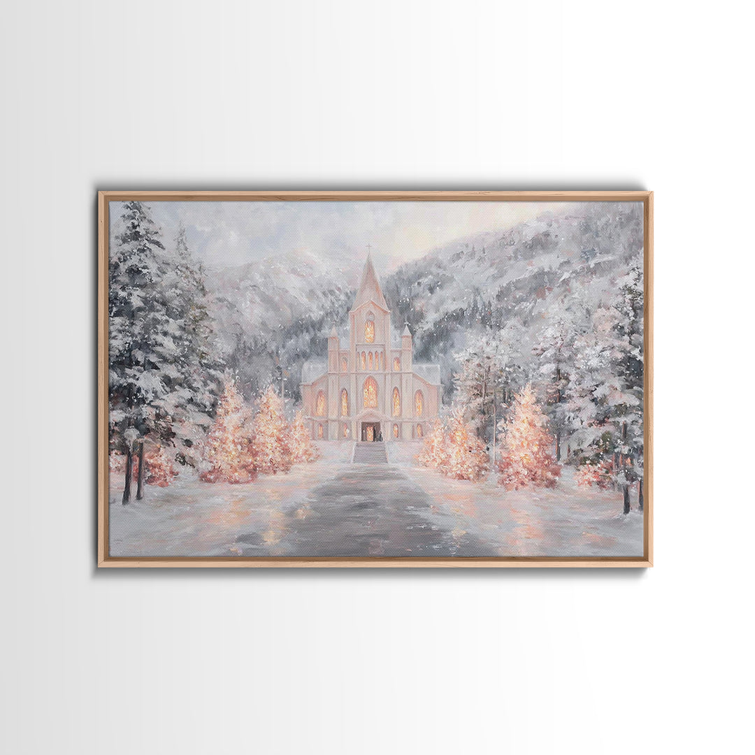 Mountain Chapel Light, Framed Canvas Print, Christmas Wall Art, Christian Art Canvas, Framed Christmas Art, Christian Christmas Art, Christ