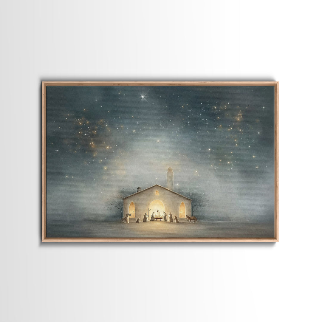 Nativity Under Heaven, Framed Canvas Print, Christian Wall Art, Christmas Art, Christian Art Canvas, Christian Christmas Art, Jesus Christm