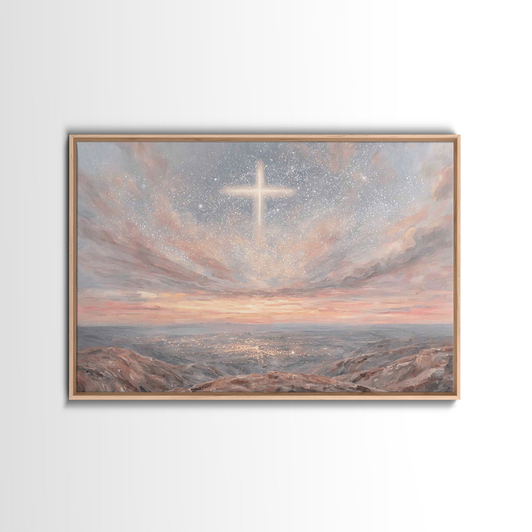 Heaven’s Cross Light – Framed Canvas Print – Christian Wall Art – Christian Art Canvas – Christmas Art – Christian Christmas Art – Subtle C