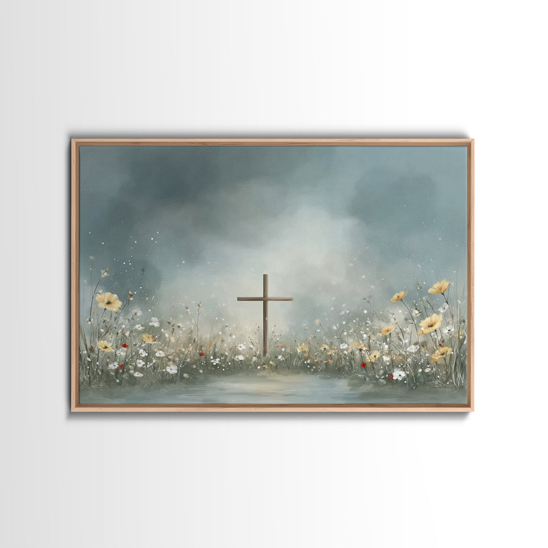 Blooming Cross Light, Framed Canvas Print, Christian Art Canvas, Christian Wall Art, Modern Christian Art, Christian Painting