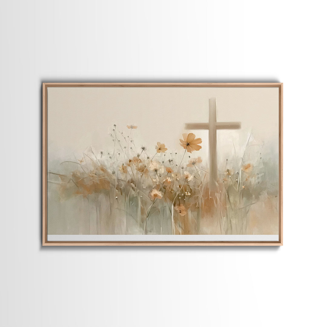 Meadow Cross Hope - Framed Canvas Print - Christian Painting - Christian Art Canvas - Minimalist Christian Art - Christian Wall Art