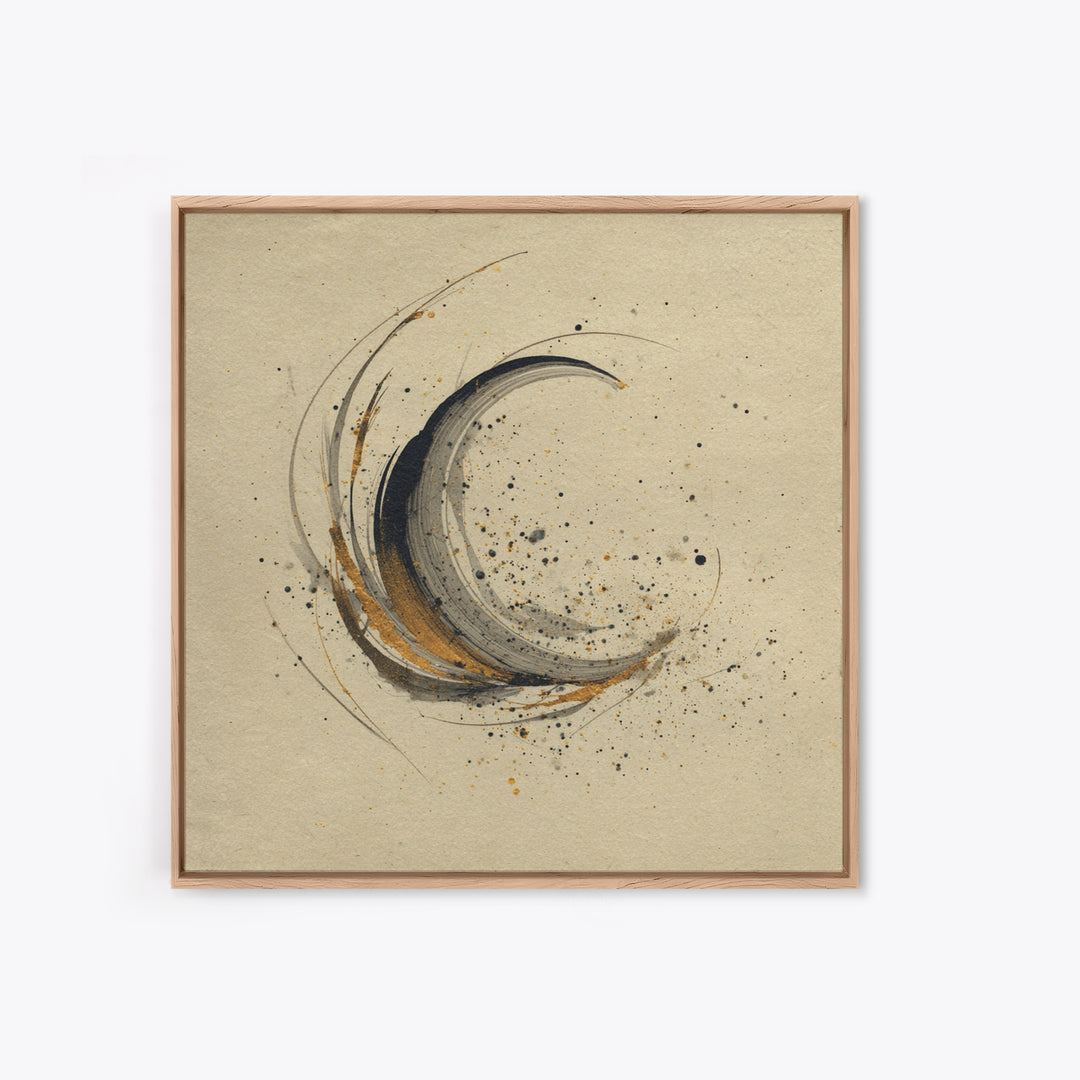 Crescent Moon Made from Elegant Ink Swashes Framed Canvas Print, Calligraphy Art, Japanese Decor, Living Room Decor, Script, CAL-1x1-21