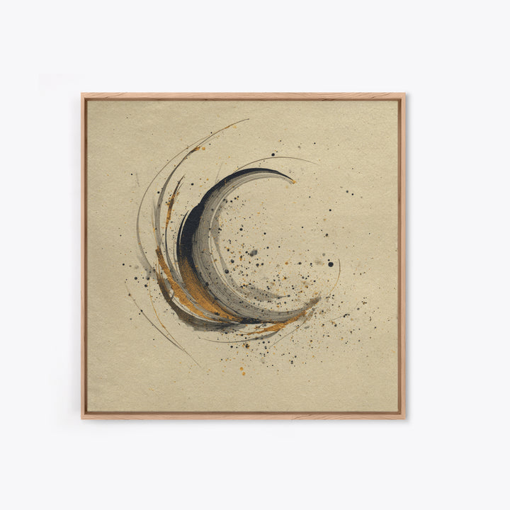 Crescent Moon Made from Elegant Ink Swashes Framed Canvas Print, Calligraphy Art, Japanese Decor, Living Room Decor, Script, CAL-1x1-21