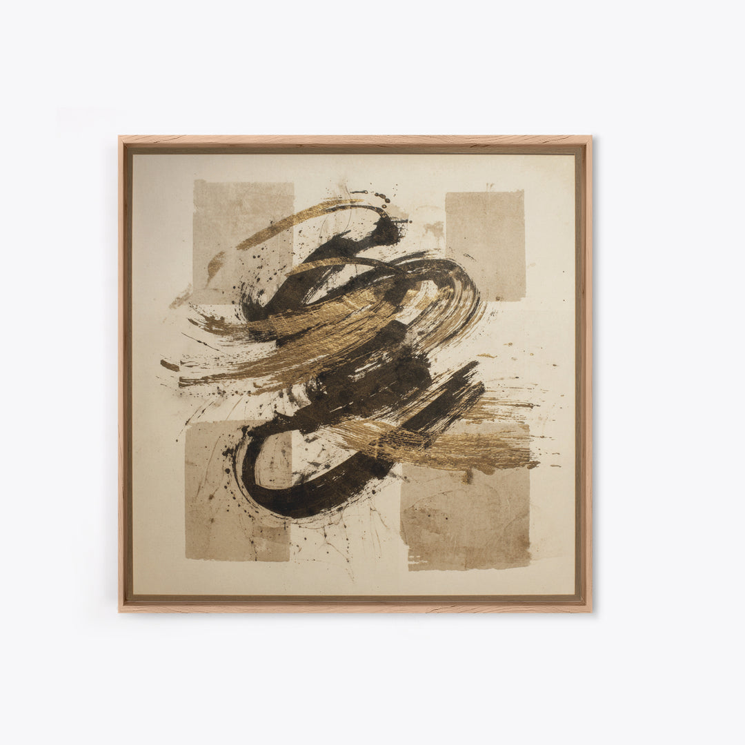 Abstract Gold Calligraphic Strokes on Ivory Paper Canvas Print, Calligraphy Art, Boho Decor, Living Room Decor, Script, CAL-1x1-98