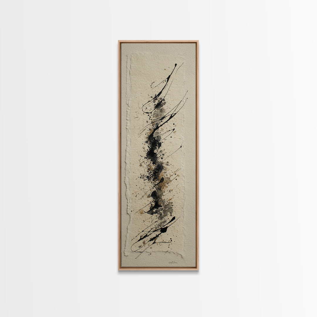 Ink Splatter and Long Brushstroke Composition Framed Canvas Print, Calligraphy Art, Fine Art Print, Living Room Decor, Script, CAL-1x3-4