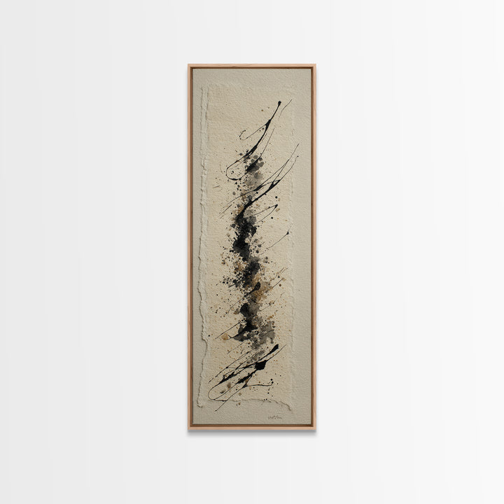 Ink Splatter and Long Brushstroke Composition Framed Canvas Print, Calligraphy Art, Fine Art Print, Living Room Decor, Script, CAL-1x3-4