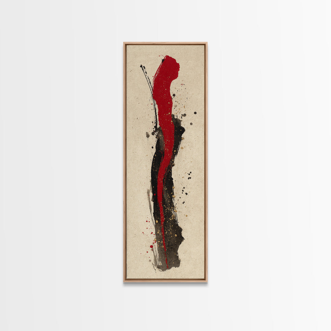 Bold Red Brushstroke Seal Abstraction Framed Canvas Print, Calligraphy Art, Japanese Art, Living Room Decor, Fine Art, Script, CAL-1x3-79