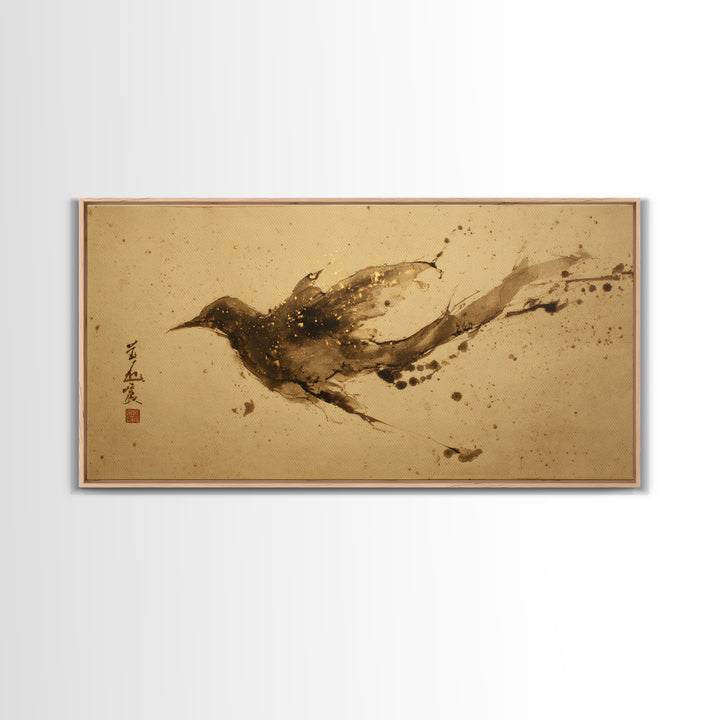 Calligraphic Bird Shape Formed from Flowing Lines Framed Canvas Print, Calligraphy Art, Modern Art, Living Room Decor, Script, CAL-2x1-100