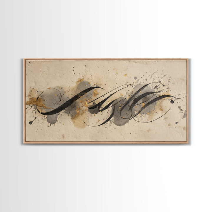 Ink Splatter and Long Brushstroke Composition Framed Canvas Print, Calligraphy Art, Art Print, Living Room Decor, Script, CAL-2x1-12