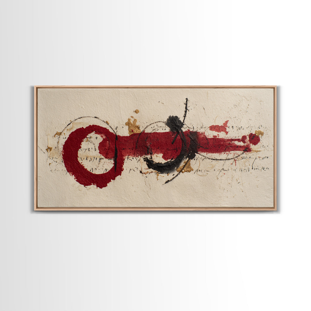 Bold Red Brushstroke Seal Abstraction Framed Canvas Print, Calligraphy Art, Minimalist Decor, Living Room Decor, Script, CAL-2x1-15