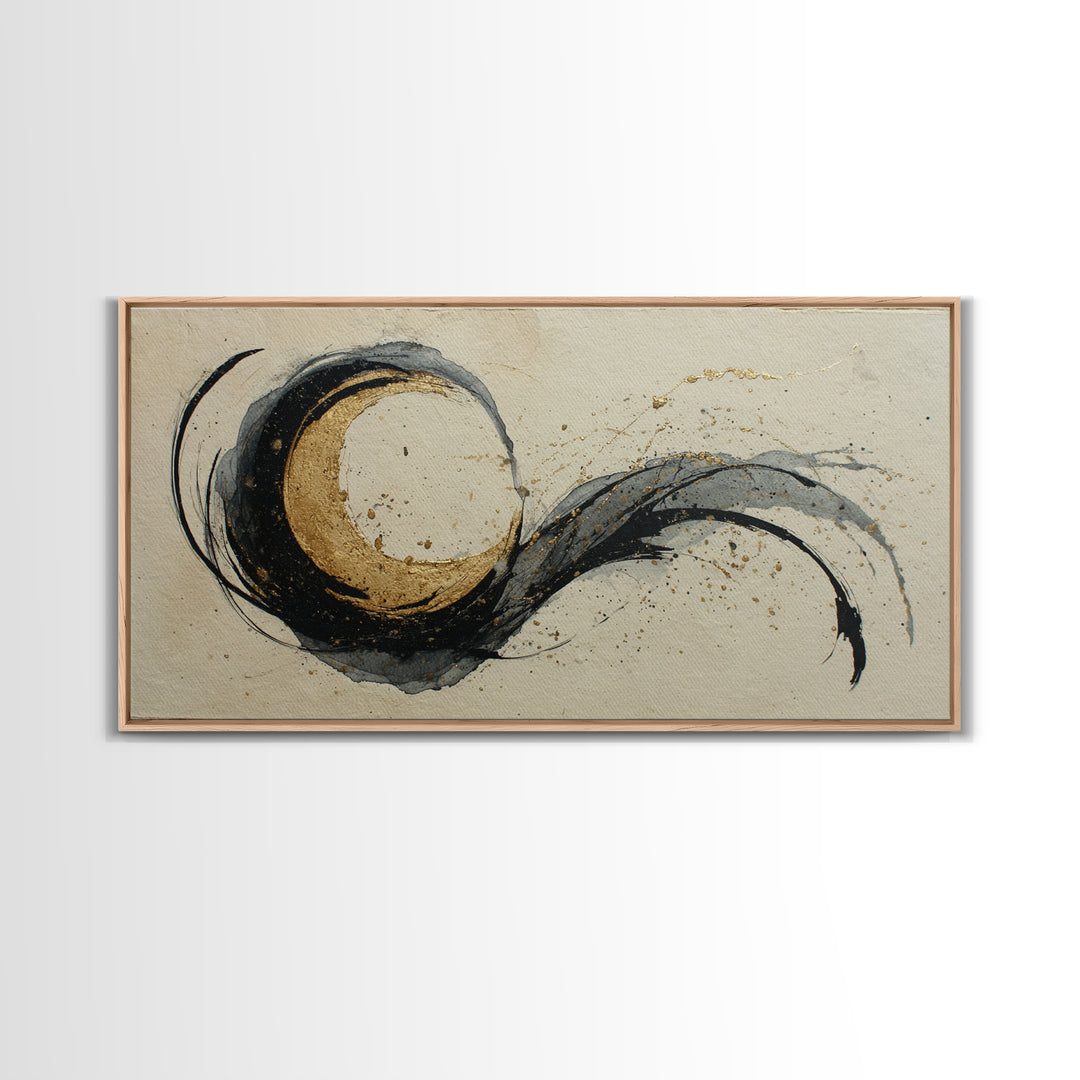 Crescent Moon Made from Elegant Ink Swashes Canvas Print, Calligraphy Art, Contemporary Art, Living Room Decor, Script, CAL-2x1-17