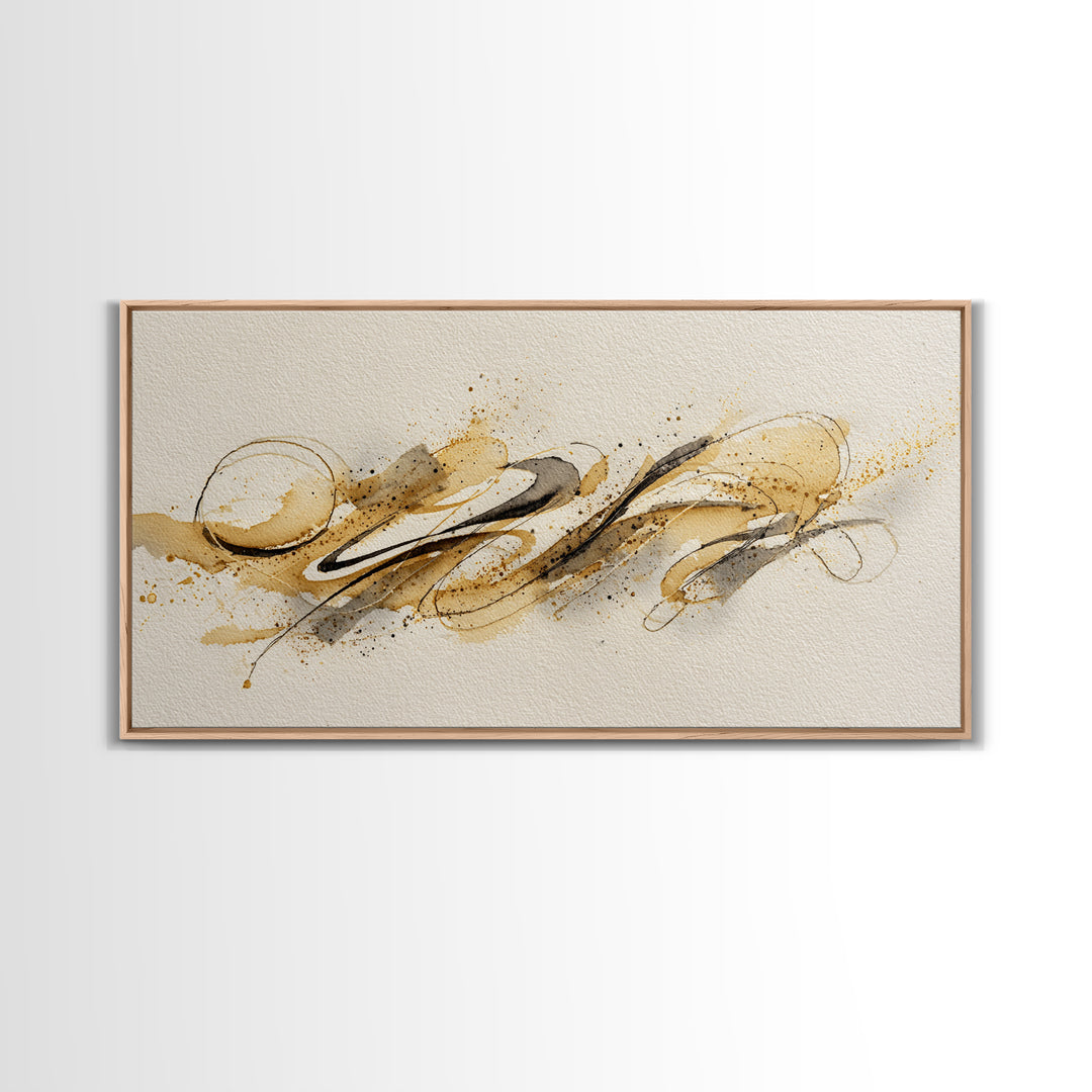 Abstract Gold Calligraphic Strokes on Ivory Paper Canvas Print, Calligraphy Art, Boho Decor, Living Room Decor, Script, CAL-2x1-22