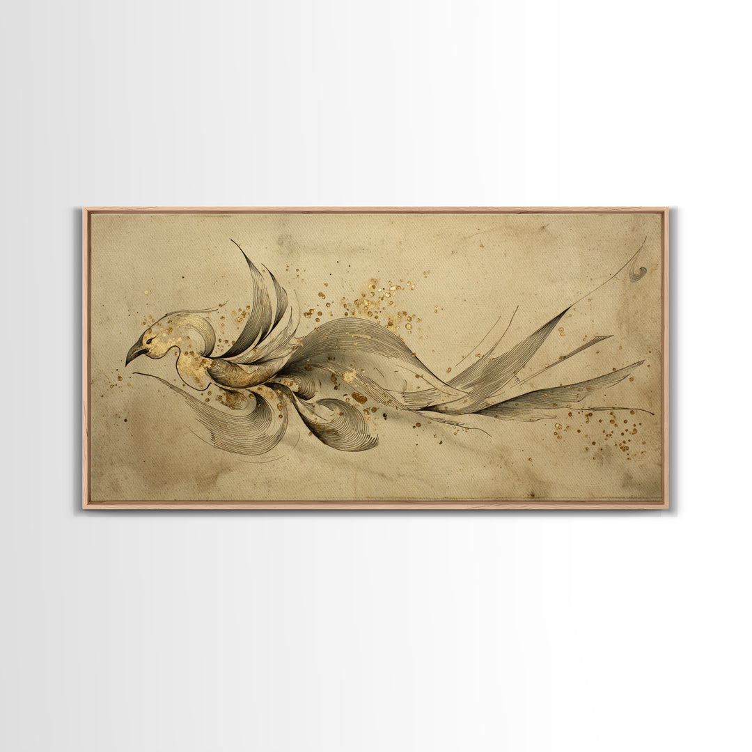 Calligraphic Bird Shape Formed from Flowing Lines Canvas Print, Calligraphy Art, Minimalist Decor, Living Room Decor, Script, CAL-2x1-28